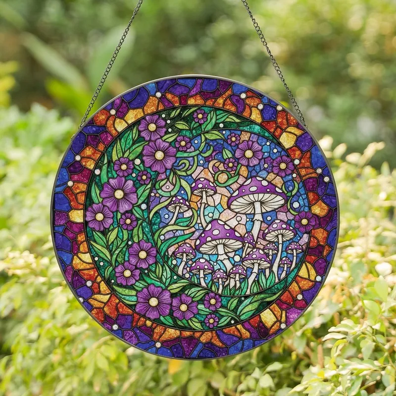Fantasy Art Lovers' Intricate Tiffany Stained Glass Crescent Moon Celestial Flora Fungi Design Stained Glass Suncatcher - 1