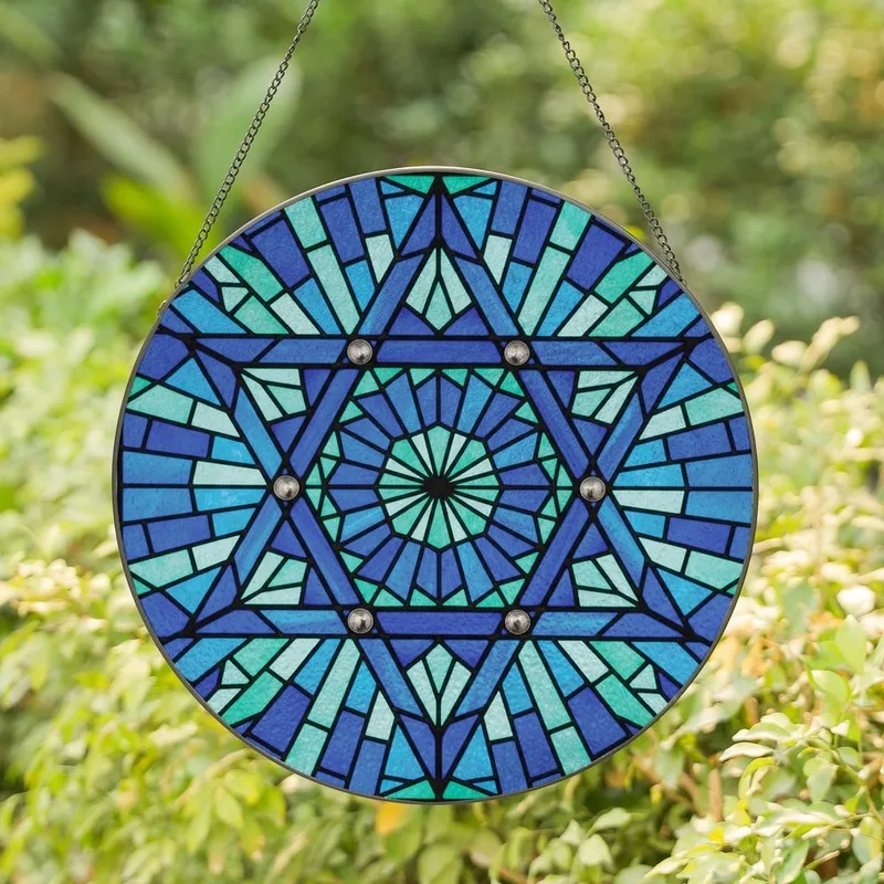 Intricate Pattern Admirers Tiffany-Style Six-Point Geometric Starburst Mosaic in Deep Blues & Teals with Silver Bezels Stained Glass Suncatcher - 1