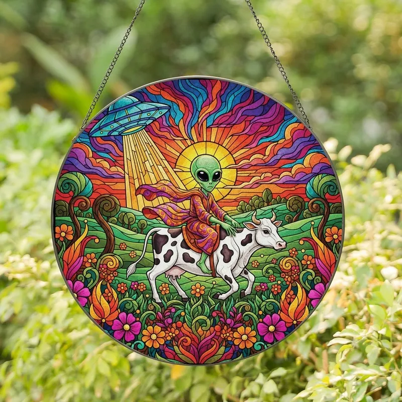 Vibrant Art Enthusiasts' Intricate Stained Glass Alien Cow UFO Jewel Tone Fantasy Pattern Stained Glass Suncatcher - 1