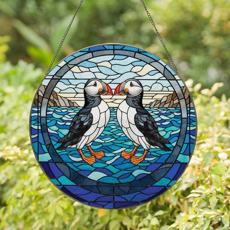 Puffin Lovers' Vibrant Red Orange Black White Tiffany Style Stained Glass Atlantic Puffin Mosaic Stained Glass Suncatcher - 1