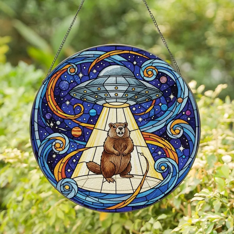 Sci-Fi Art Lovers' Intricate Stained Glass UFO Abduction Groundhog Cosmic Nebula Blue Orange Jewel Tones Stained Glass Suncatcher - 1