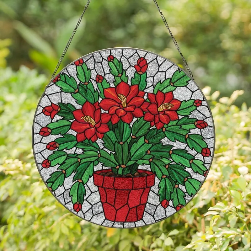 Holiday Botanical Art Lovers' Vibrant Red Green White Christmas Cactus Tiffany Stained Glass Mosaic Stained Glass Suncatcher - 1