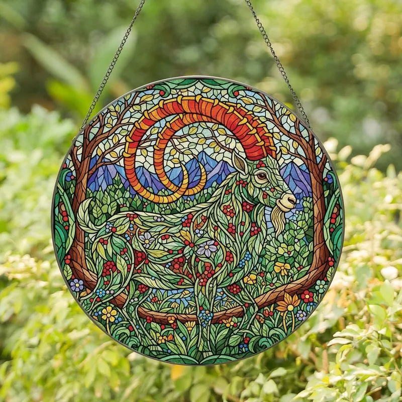 Nature Lovers' Majestic Stained Glass Mountain Goat Ibex Floral Emerald Ruby Gold Botanical Forest Mosaic Art Stained Glass Suncatcher - 1