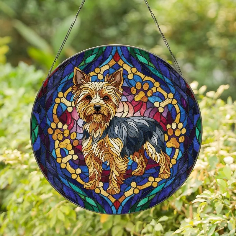 Yorkie Lovers' Intricate Golden Amber Sapphire Stained Glass Yorkshire Terrier Mosaic Paw Print Bone Design Stained Glass Suncatcher - 1