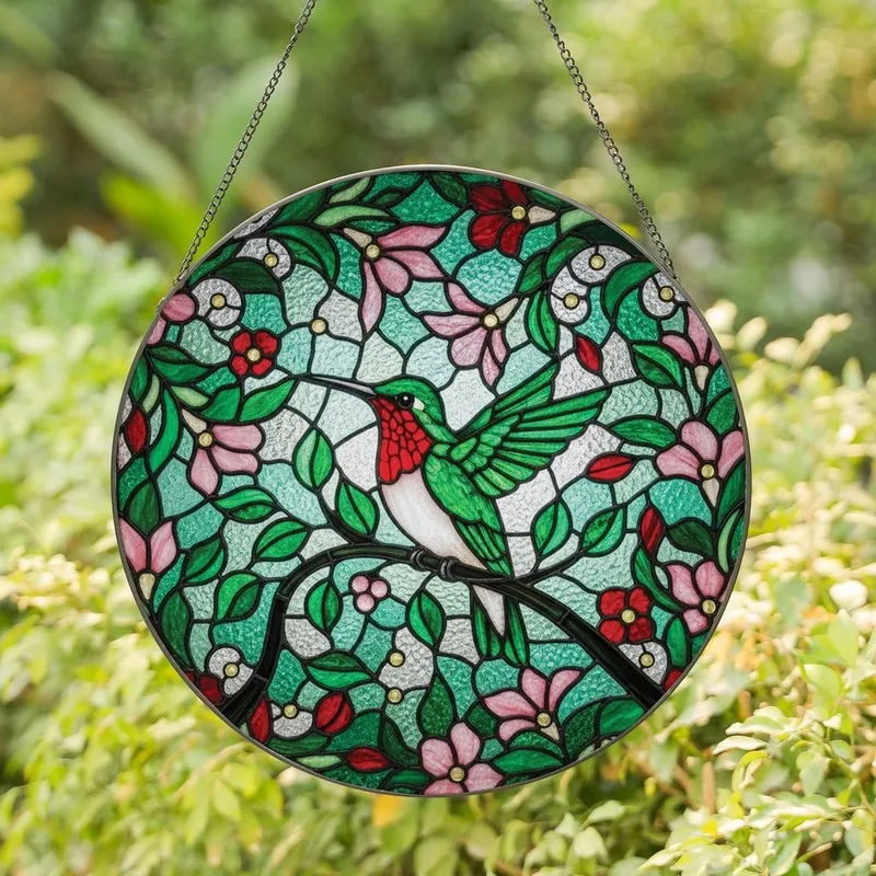 Nature Lovers' Intricate Stained Glass Hummingbird Tiffany Style Jewel Tone Garden Mosaic Pattern Stained Glass Suncatcher - 1