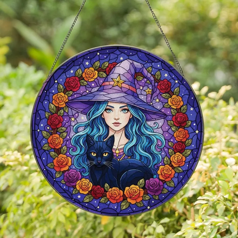 Fantasy Art Lovers' Tiffany Style Stained Glass Witch & Black Cat, Rose Wreath, Deep Blue Purple Orange Jewel Tones Stained Glass Suncatcher - 1