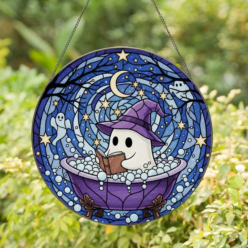 Halloween Enthusiasts' Tiffany Stained Glass Reading Ghost Bathtub Mystical Indigo Night Stained Glass Suncatcher - 1