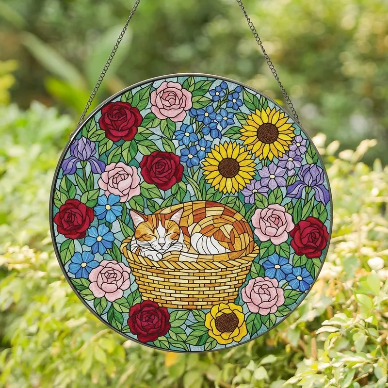 Cat Lovers' Intricate Tiffany Stained Glass Calico Cat Floral Jewel Tone Mosaic Stained Glass Suncatcher - nCaCV6tXSr
