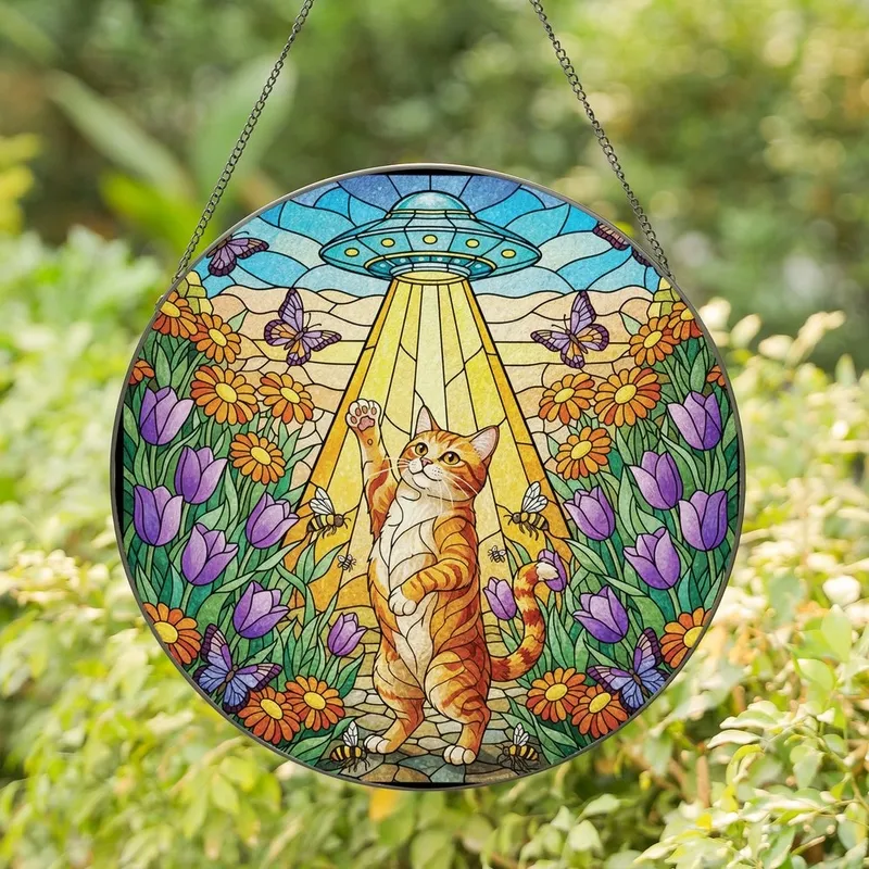 Cat Lovers' Vibrant Tiffany Stained Glass Orange Tabby Cat UFO Floral Garden Jewel Tones Stained Glass Suncatcher - 1