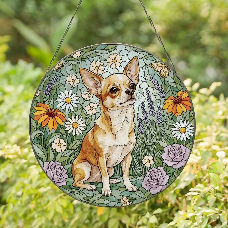 Dog Lovers' Tiffany Stained Glass Chihuahua Jewel Tone Floral Garden Mosaic Pattern Stained Glass Suncatcher - 1