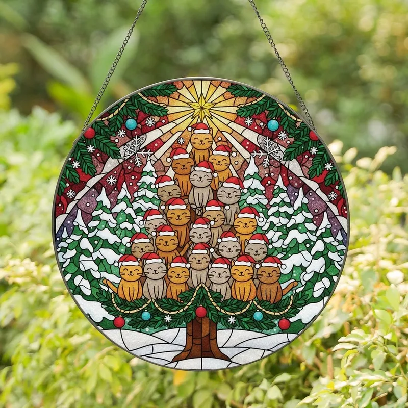 Cat Lovers' Vibrant Stained Glass Cat Christmas Tree Holiday Mosaic Pattern Stained Glass Suncatcher - 1