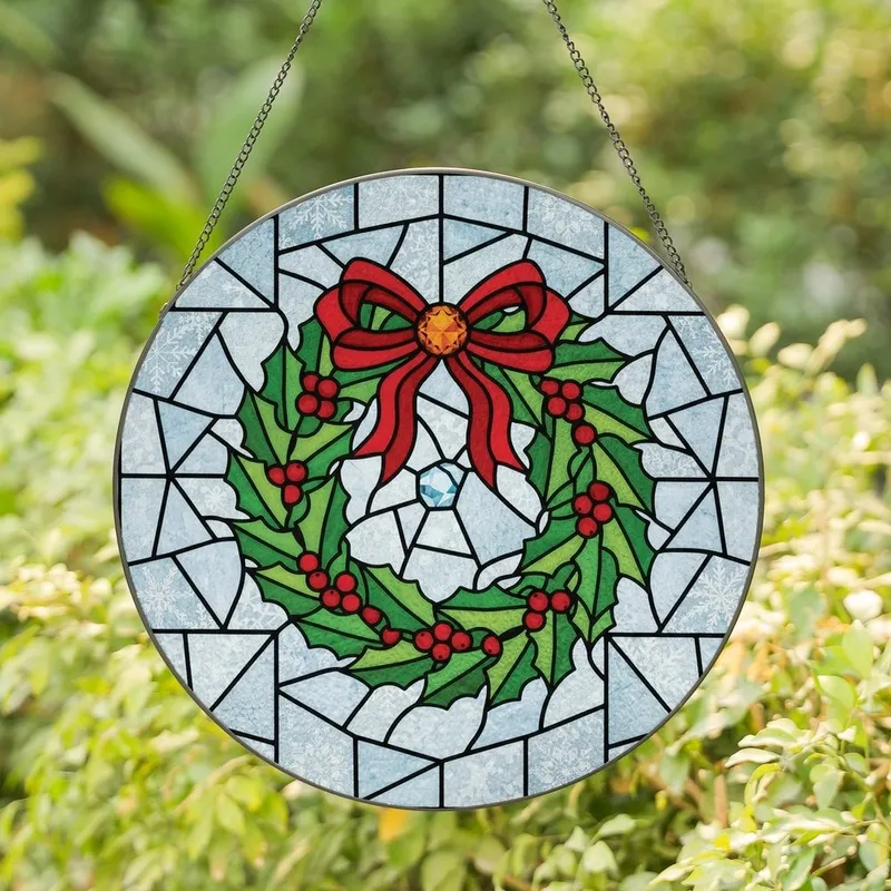Christmas Enthusiasts' Tiffany Stained Glass Holly Wreath Red Green Snowflake Pattern Stained Glass Suncatcher - 1