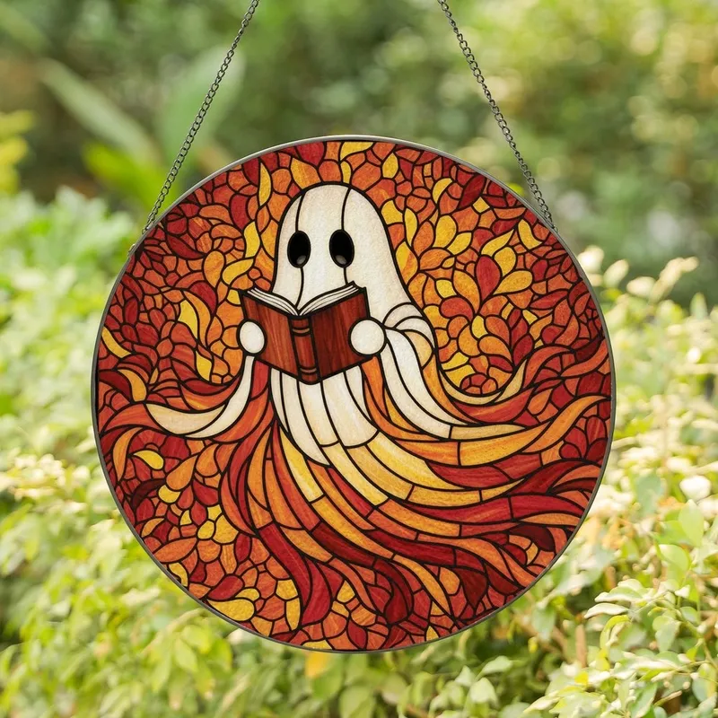 Book Lovers' Intricate Stained Glass Spectral Ghost Reading Autumnal Mosaic Stained Glass Suncatcher - 1