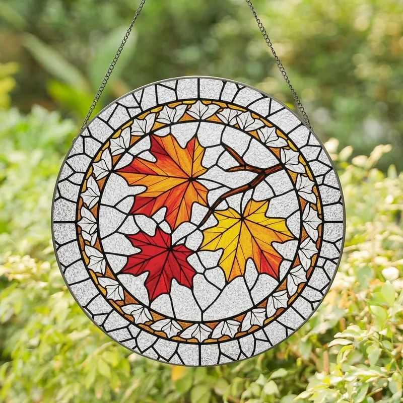 Autumn Enthusiasts' Vibrant Tiffany Stained Glass Fiery Red Orange Golden Maple Leaves Mosaic Pattern Stained Glass Suncatcher - 1