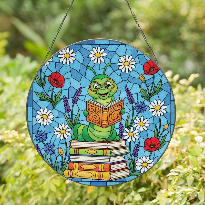 Book Lovers' Intricate Jewel Tone Stained Glass Reading Caterpillar Floral Garden Mosaic Stained Glass Suncatcher - z80XQwNJHA