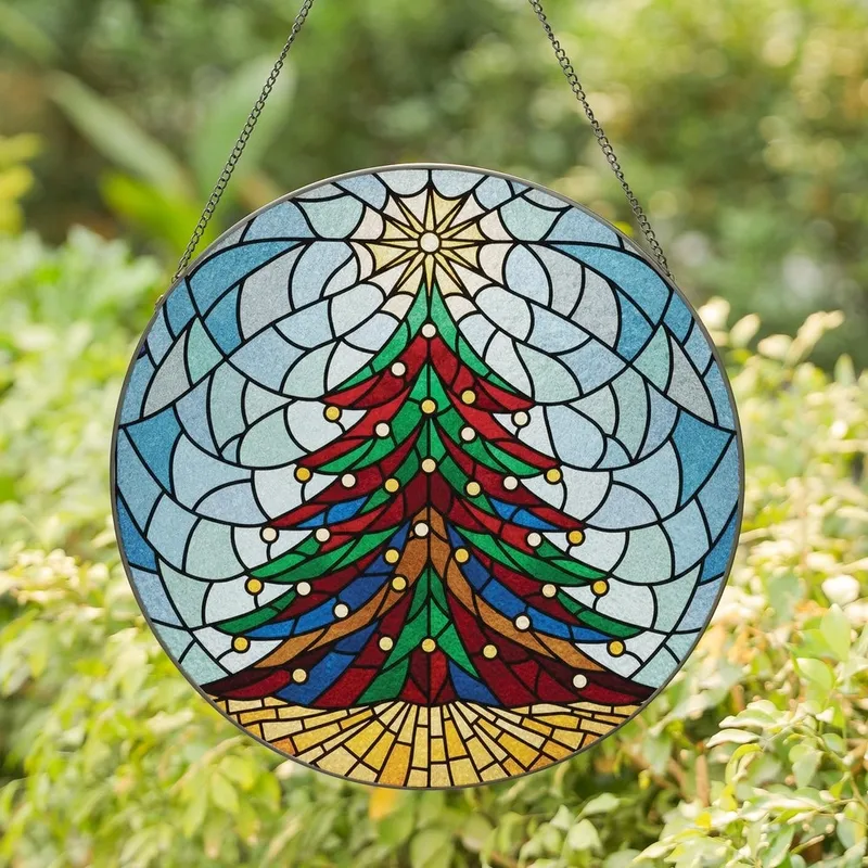 Holiday Enthusiasts' Multi-Colored Tiffany Stained Glass Christmas Tree Winter Mosaic Pattern Stained Glass Suncatcher - 1