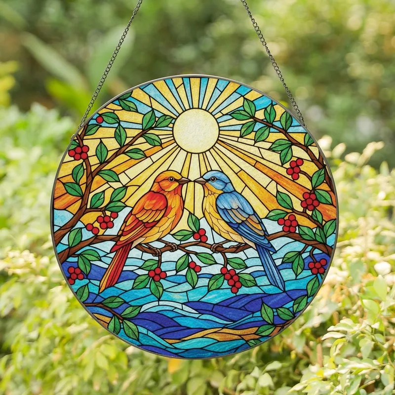 Nature Lovers' Vibrant Tiffany Style Stained Glass Songbirds & Berries Mosaic Art Stained Glass Suncatcher - 1