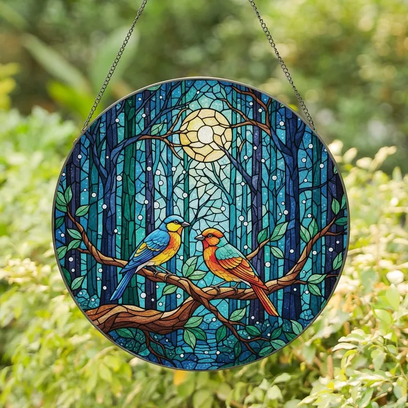 Nature Lovers' Tiffany Stained Glass Vibrant Songbirds Moonlit Forest Mosaic Emerald Deep Blue Fiery Orange Intricate Pattern Stained Glass Suncatcher - 1