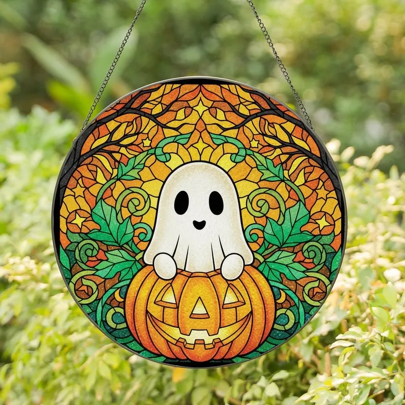 Halloween Enthusiasts' Tiffany Style Stained Glass Iridescent Ghost Jack-o'-Lantern Autumn Leaves Mosaic Stained Glass Suncatcher - 1
