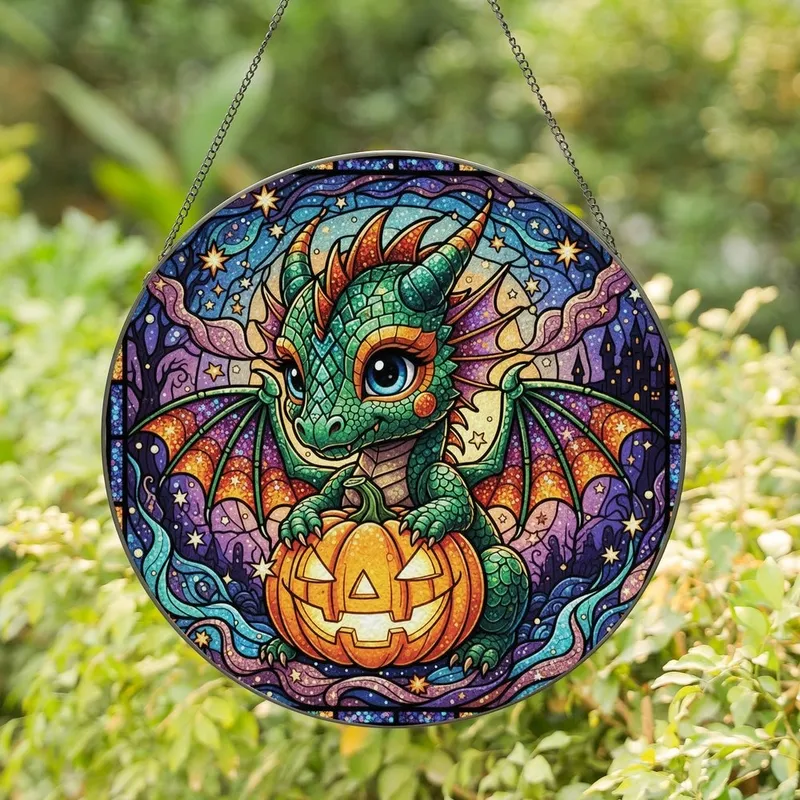 Fantasy Art Lovers' Intricate Tiffany Baby Dragon Pumpkin Jewel Tone Glitter Twilight Pattern Stained Glass Suncatcher - 1