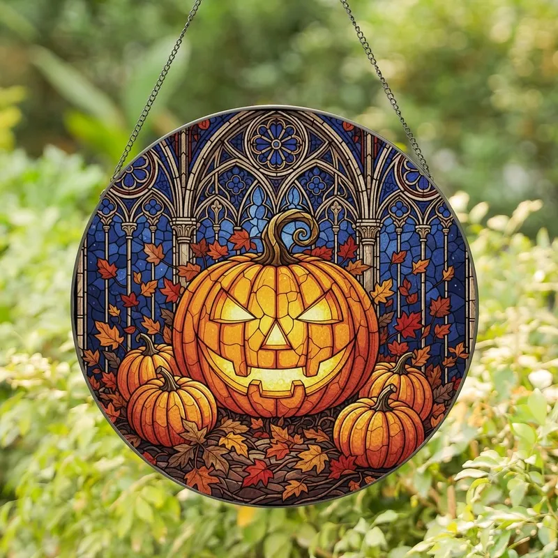 Halloween & Autumn Enthusiasts Menacing Jack-o'-Lantern Tiffany Stained Glass Gothic Cathedral Blue Orange Jewel Tones Stained Glass Suncatcher - 1