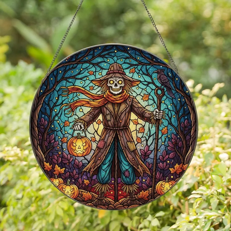 Halloween Enthusiasts' Glowing Teal Orange Purple Stained Glass Scarecrow Autumn Forest Mosaic Stained Glass Suncatcher - 1