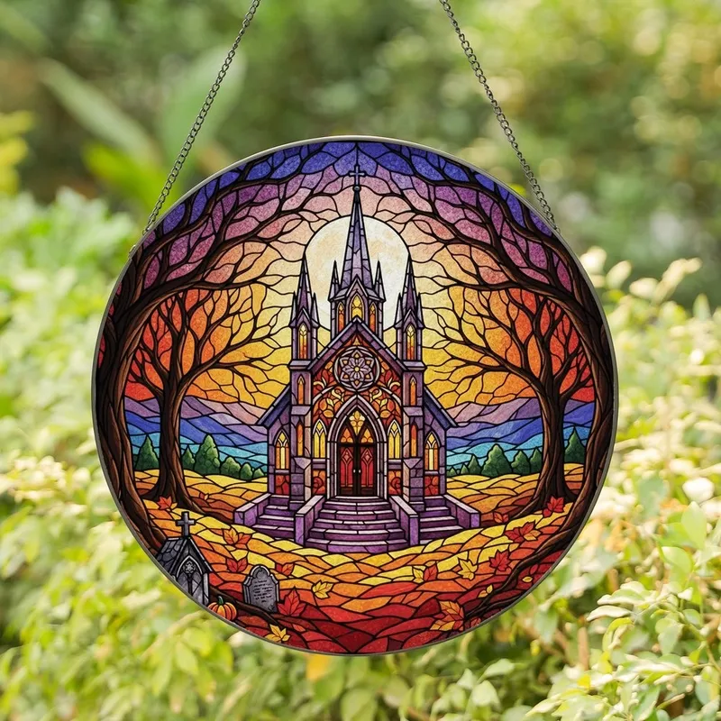 Gothic Art Lovers' Ornate Stained Glass Chapel, Radiant Moonlit Twilight, Autumn Foliage & Jewel Tone Pattern Stained Glass Suncatcher - 1