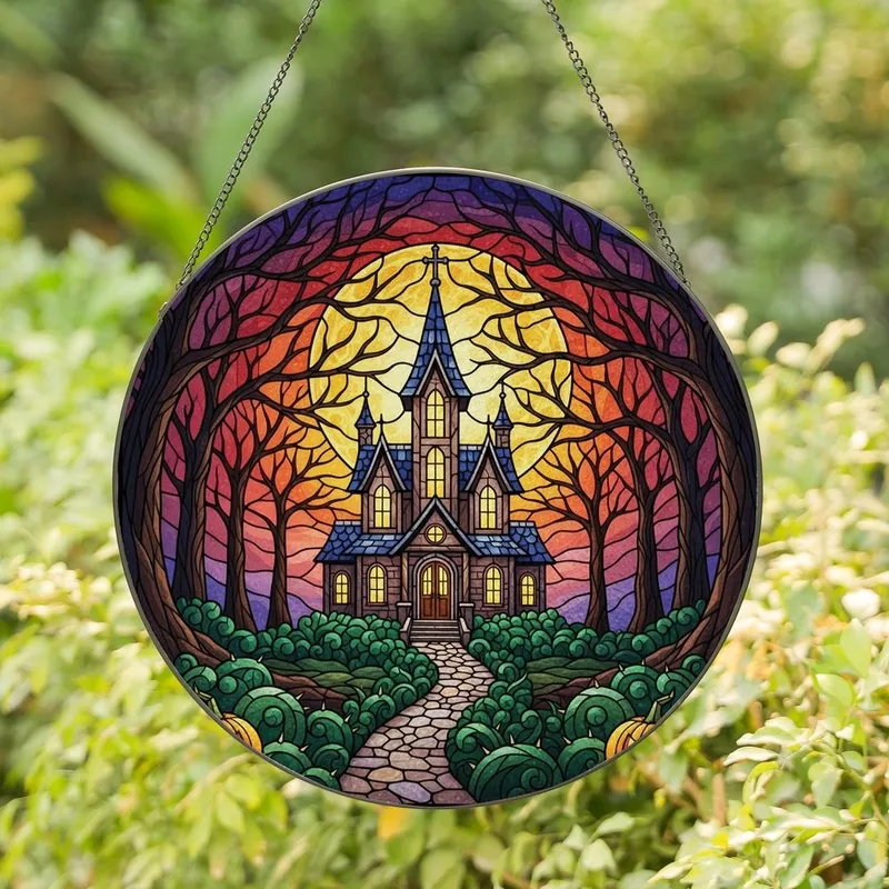 Gothic Art Enthusiasts' Tiffany Style Stained Glass Mansion Purple Orange Moon Forest Design Stained Glass Suncatcher - 1