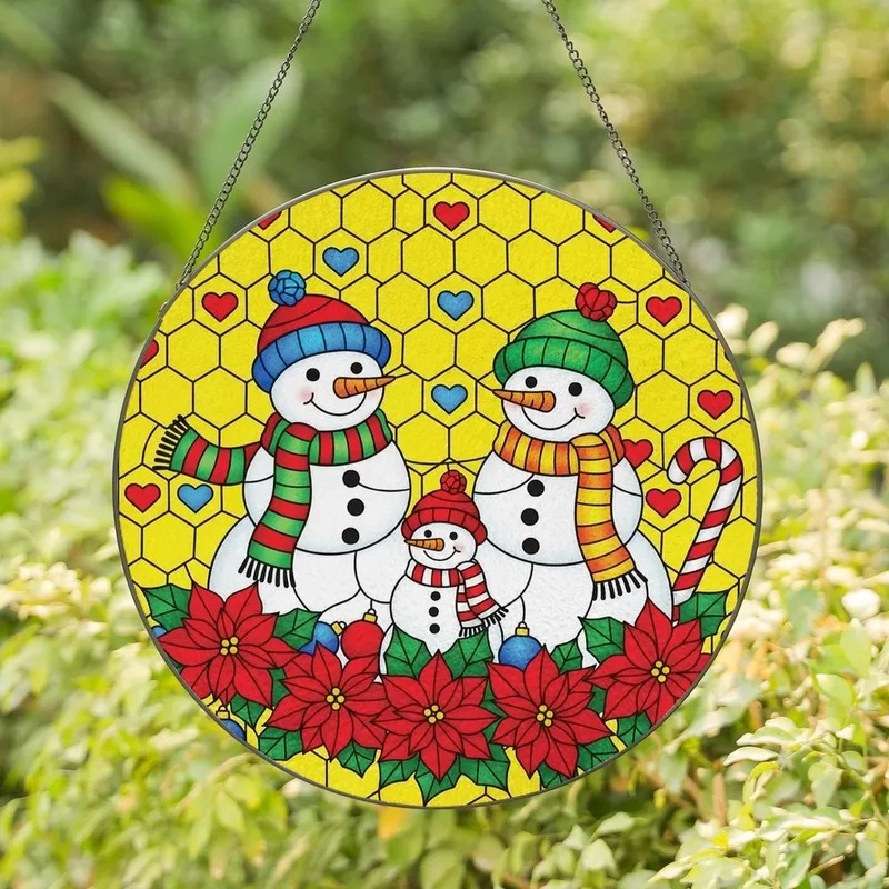 Winter Holiday Enthusiasts' Tiffany Style Stained Glass Snowman Family Red Green Poinsettia Holly Honeycomb Mosaic Stained Glass Suncatcher - 1
