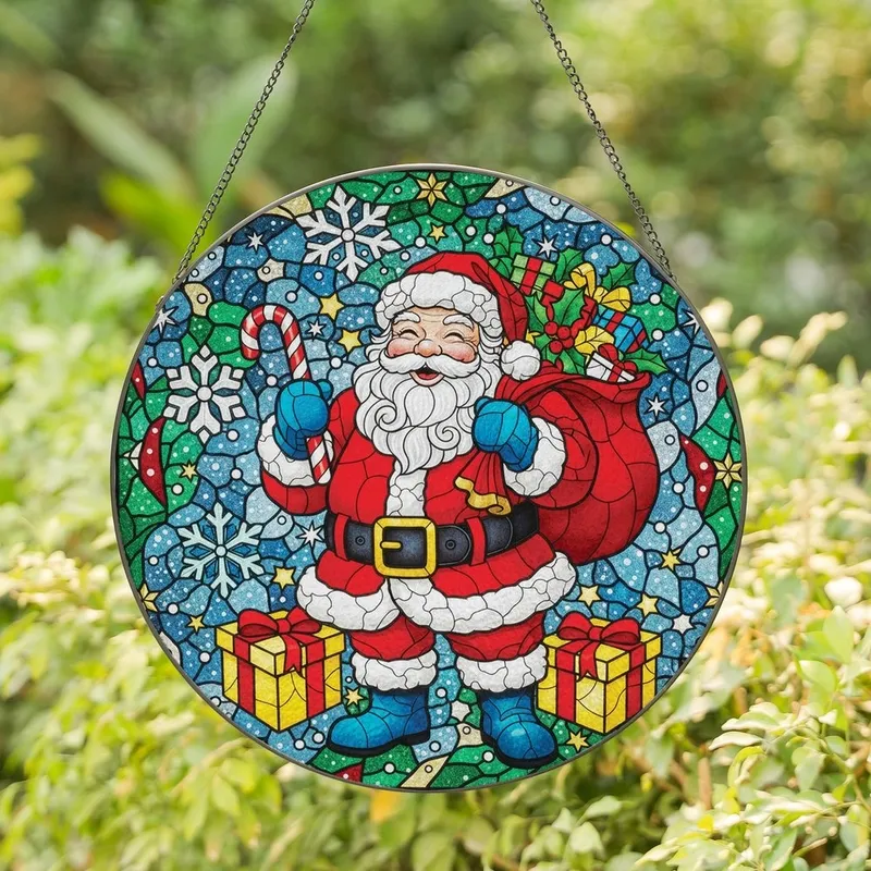 Christmas Lovers' Tiffany Stained Glass Santa Candy Cane Gifts Holly Snowflakes Jewel Tones Festive Pattern Stained Glass Suncatcher - 1