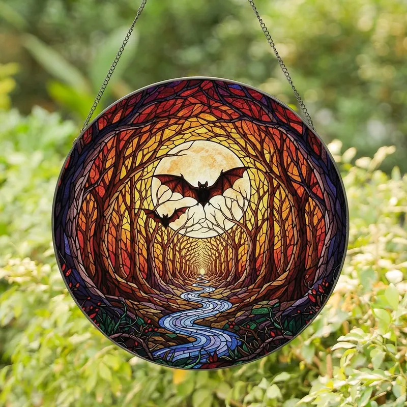 Fantasy Stained Glass Admirers Intricate Jewel Tone Tiffany Bat, Glowing Moon, Edge-to-Edge Forest Mosaic Stained Glass Suncatcher - 1