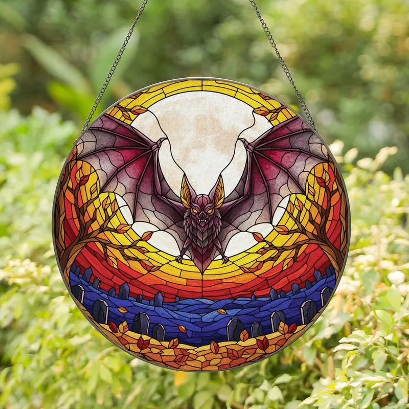 Gothic Fantasy Enthusiasts' Intricate Stained Glass Bat Full Moon Autumnal Misty Landscape Jewel Tones Stained Glass Suncatcher - qq_k-qnR4D