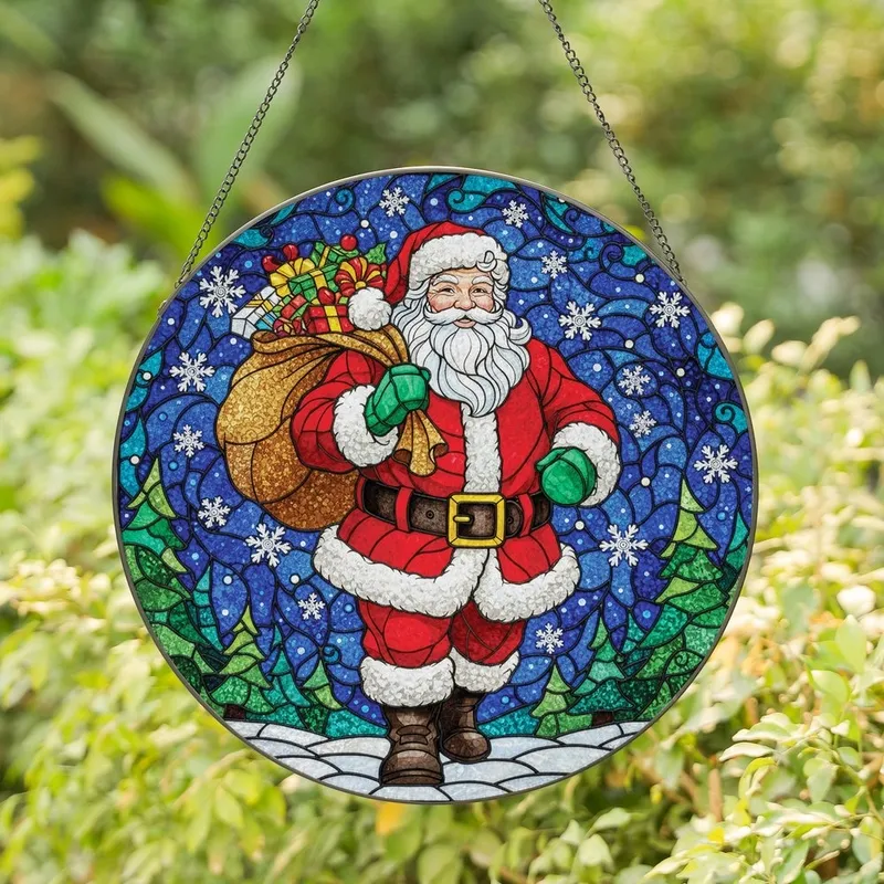 Christmas Enthusiasts' Jovial Santa Tiffany Stained Glass Vibrant Red Emerald Green Golden Winter Wonderland Mosaic Stained Glass Suncatcher - 1