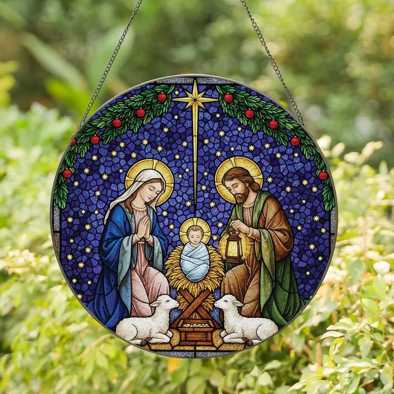 Christmas Devotees' Detailed Nativity Stained Glass Art, Mary Joseph Jesus, Golden Halos, Starry Sky, Tiffany Deep Blues, Radiant Golds Stained Glass Suncatcher - o1hLK3qPXj