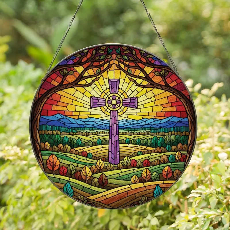 Art Lovers' Intricate Tiffany Stained Glass Cross Landscape: Deep Violet, Sunrise Hues Stained Glass Suncatcher - 1