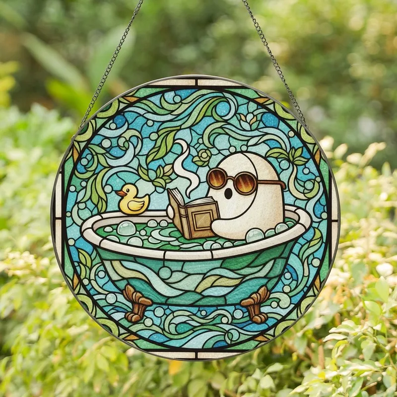 Whimsical Art Lovers' Cozy Ghost Bathtub Stained Glass Tiffany-Style Amber Teal Yellow Mosaic Stained Glass Suncatcher - 1