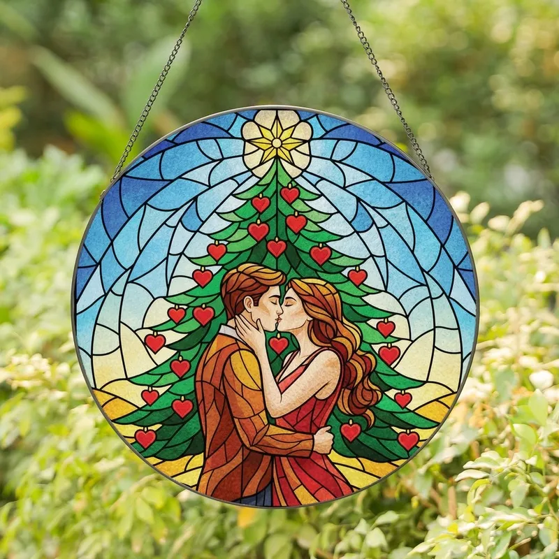 Romantic Art Lovers' Vibrant Stained Glass Christmas Tree Embrace Mosaic Stained Glass Suncatcher - TvOhz5f8od