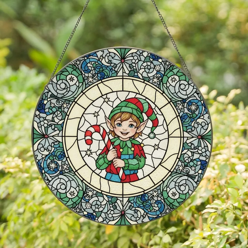 Holiday Enthusiasts' Tiffany Stained Glass Elf with Candy Cane, Jewel Tone Swirling Mosaic & Snowflakes Stained Glass Suncatcher - 1