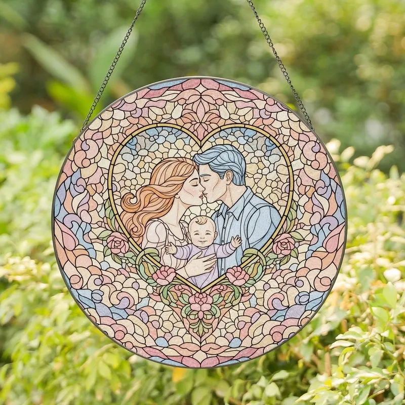Parents' Iridescent Stained Glass Loving Couple Baby Rose Gold Peach Blue Floral Heart Mosaic Stained Glass Suncatcher - 1