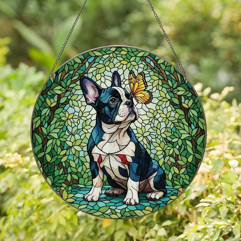 French Bulldog Lovers' Intricate Stained Glass Puppy Butterfly Forest Foliage Amber Teal Yellow Stained Glass Suncatcher - X3WBJvlPkI