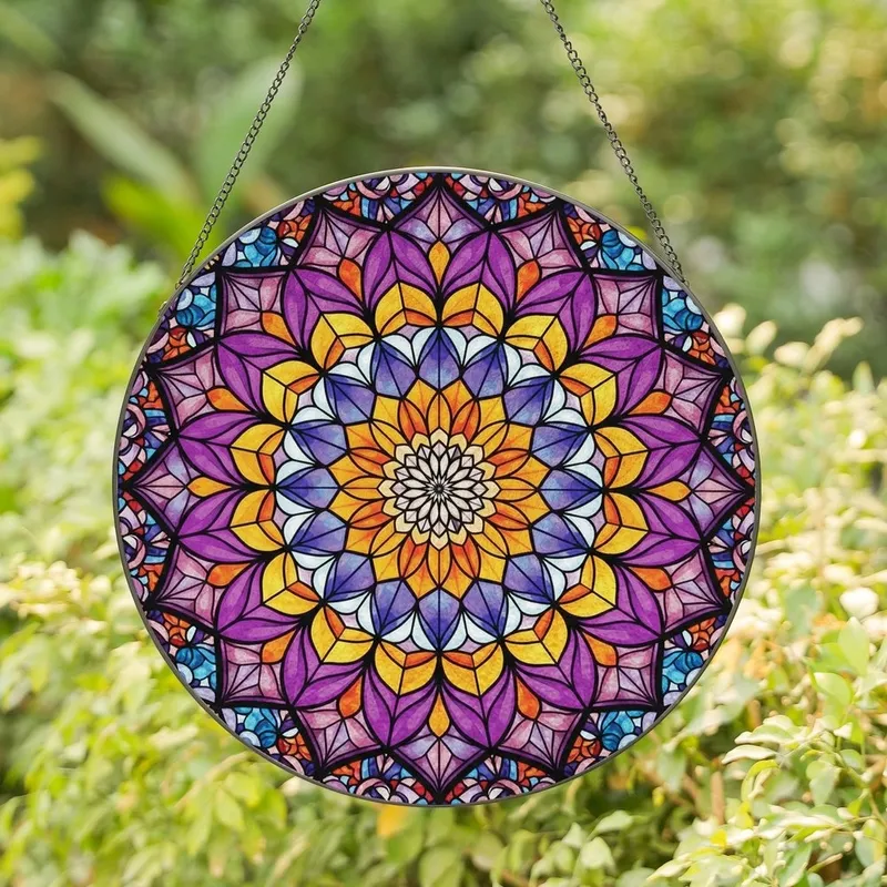 Art Lovers' Radiant Stained Glass Floral Mandala Mosaic Jewel Tone Purple Orange Yellow Blue Stained Glass Suncatcher - 1