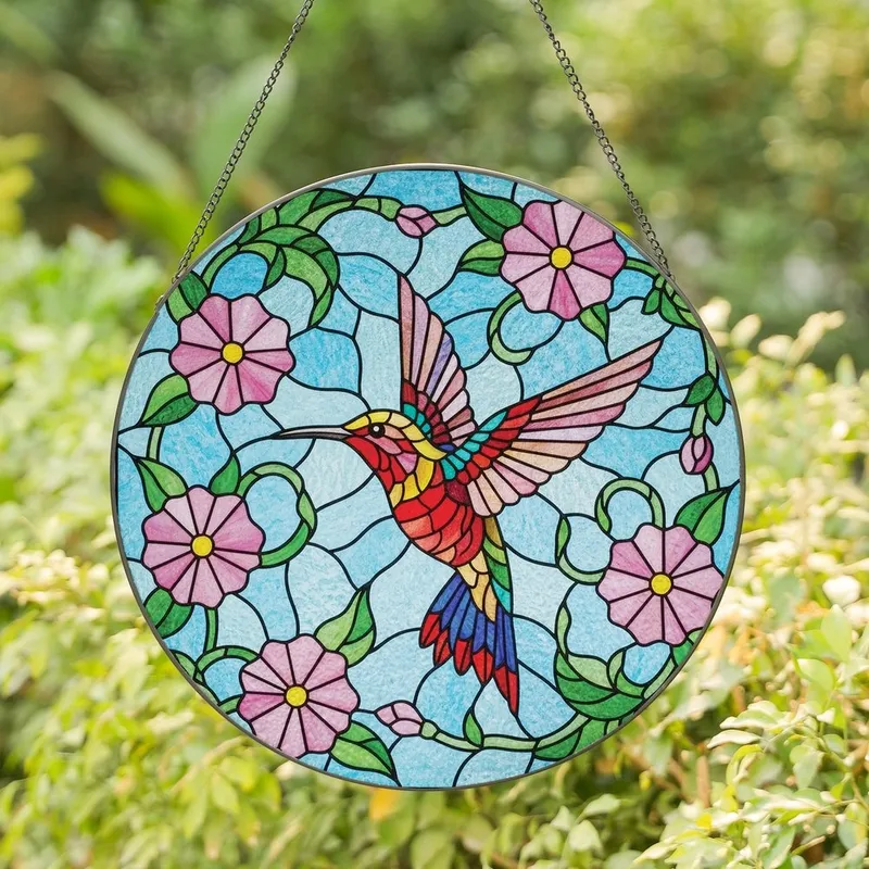 Nature Lovers' Vibrant Tiffany Stained Glass Hummingbird Floral Mosaic Jewel Tones Stained Glass Suncatcher - 1