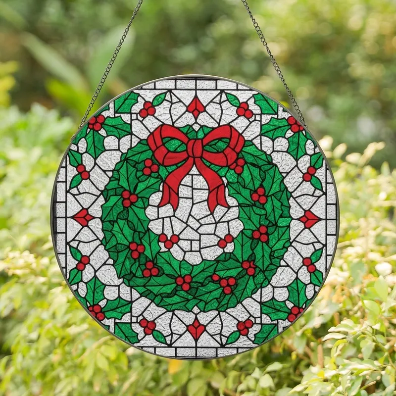 Christmas Style Lovers' Red Green Tiffany Stained Glass Wreath Geometric Mosaic Stained Glass Suncatcher - AoJkF49rH1