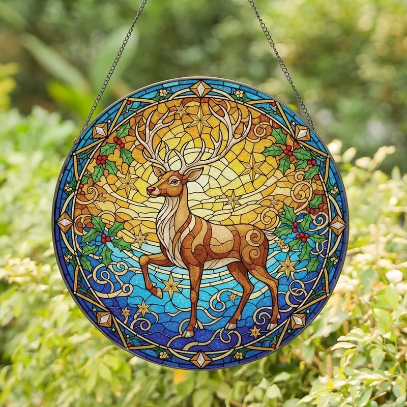 Holiday Art Lovers' Intricate Stained Glass Reindeer Mosaic: Deep Blue Golden Yellow Ruby Red Jewel Tones Stained Glass Suncatcher - ObVPRKUHHn