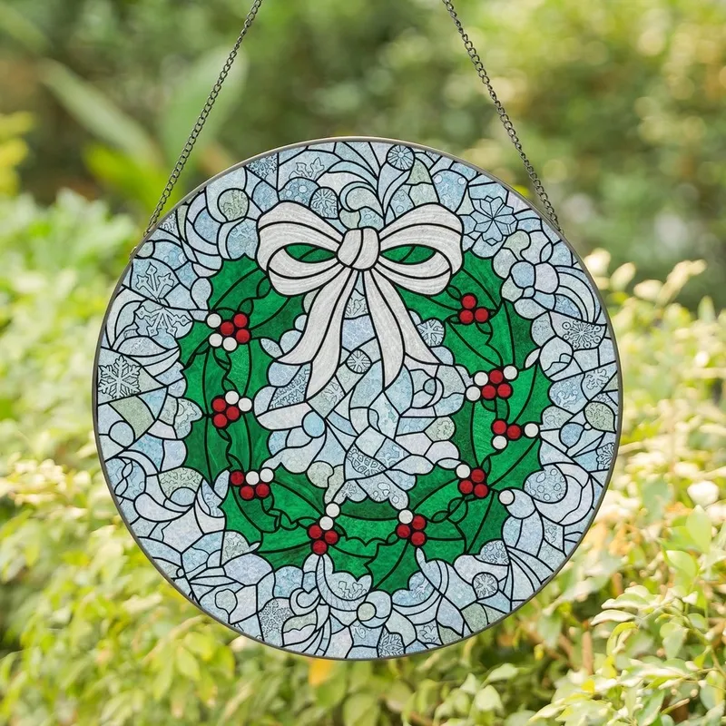 Holiday Enthusiasts' Intricate Tiffany Stained Glass Holly Wreath Winter Frost Mosaic Emerald Crimson Jewel Tones Stained Glass Suncatcher - a_cmOpW0fE