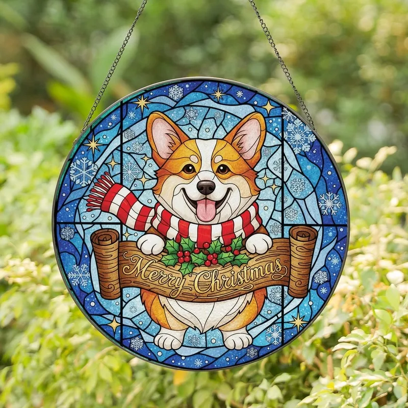 Corgi Lovers' Christmas Glowing Stained Glass Tiffany Art Corgi Holly Berries Snowflakes Stained Glass Suncatcher - 95PGQg31fG