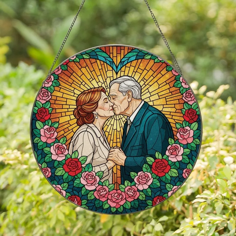 Romantic Souls' Tiffany Stained Glass Embracing Couple Roses Amber Gold Mosaic Art with Teal Green Pink Accents Stained Glass Suncatcher - 1