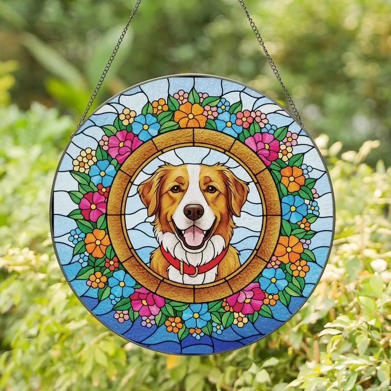 Dog Lovers' Tiffany Stained Glass Golden-Brown Dog, Floral Wreath, Sky Mosaic, Jewel Tones Stained Glass Suncatcher - jQX3dpBmcO