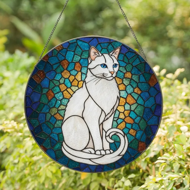 Cat Lovers' Elegant White Cat Tiffany Stained Glass Jewel Tone Blues Greens Amber Mosaic Stained Glass Suncatcher - 1