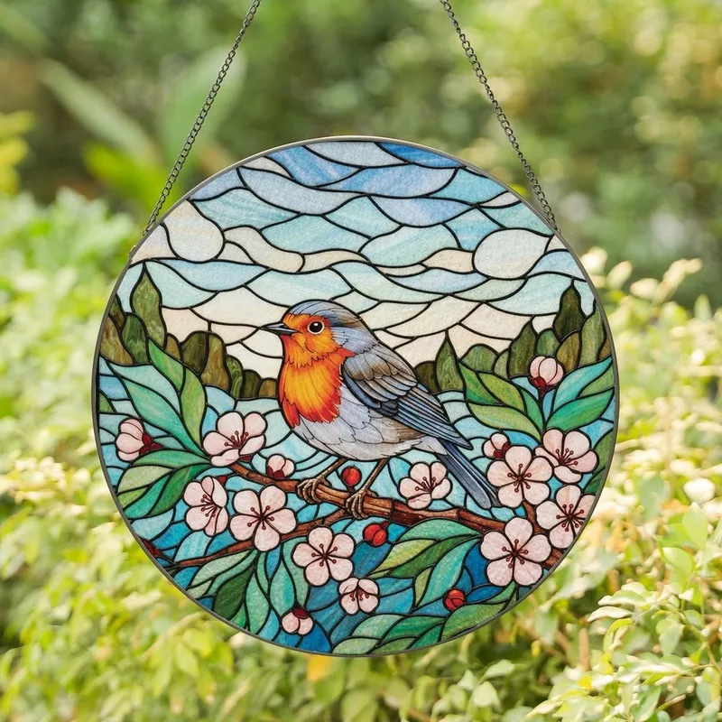Nature Lovers' Vibrant Stained Glass Robin, Orange Red Breast, Pink Blossoms Tiffany Mosaic Stained Glass Suncatcher - 1